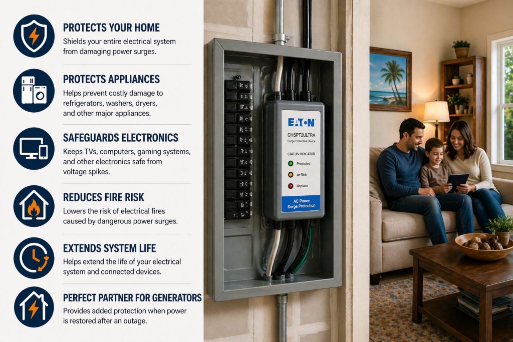 Benefits of whole home surge protection in Palm Coast FL including appliance protection, fire prevention, and electrical system safety