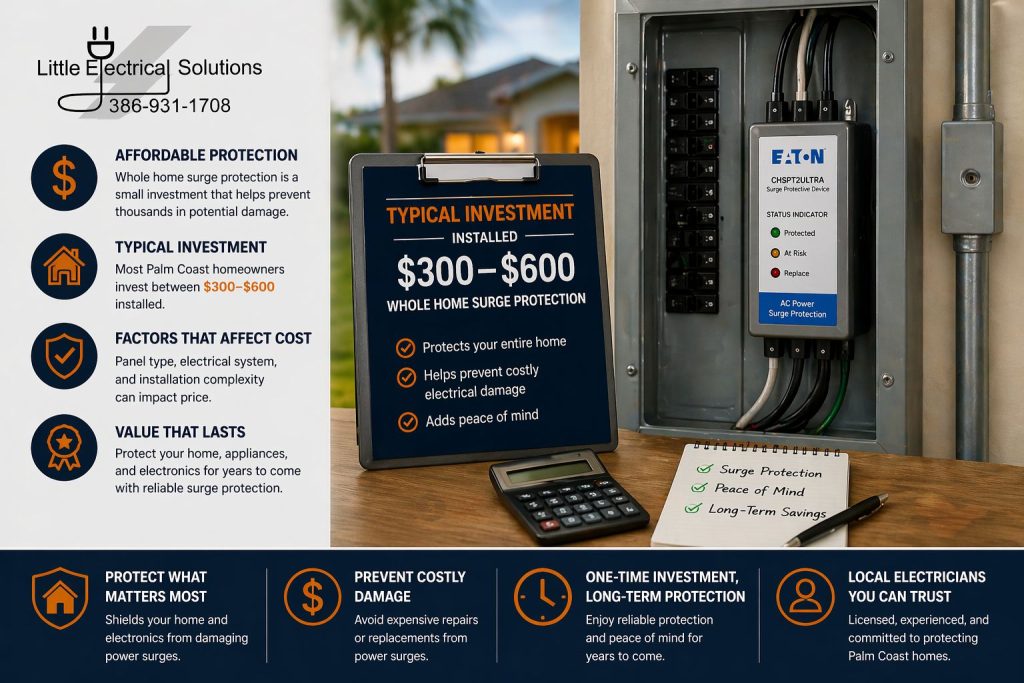 Whole home surge protection cost in Palm Coast FL showing typical price range and installation factors