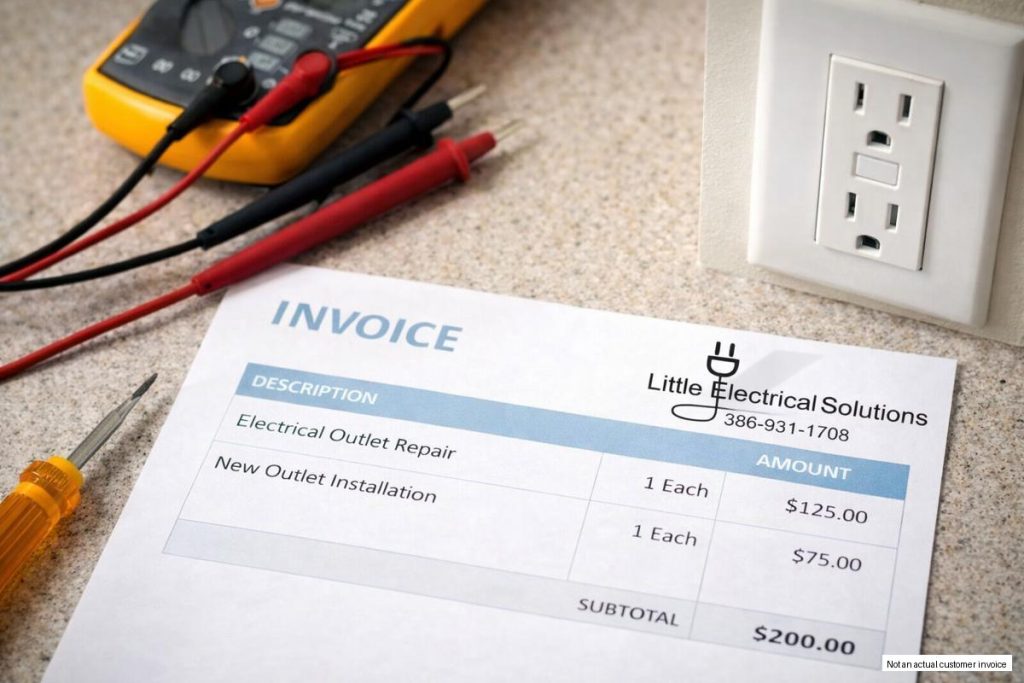 Electrical outlet repair cost estimate with invoice and tools in Palm Coast FL