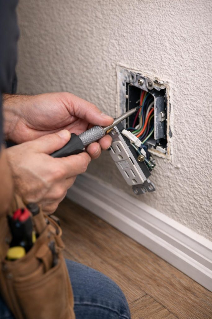 Electrician repairing an electrical outlet in a Palm Coast FL home