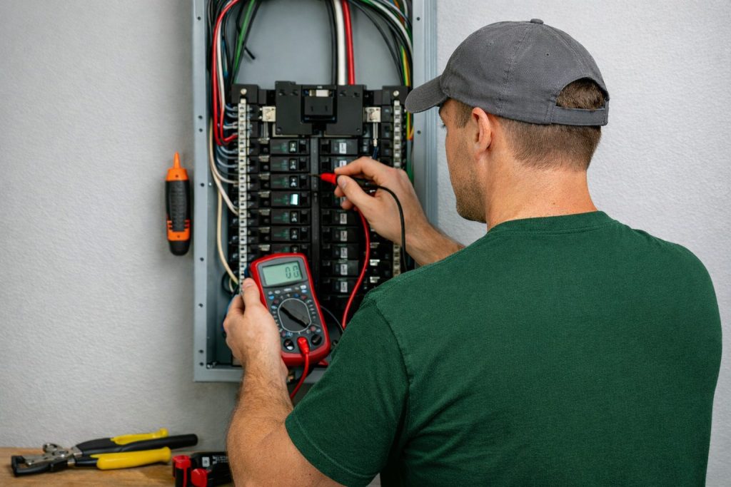 Electrician repairing electrical panel and testing breakers in Palm Coast FL