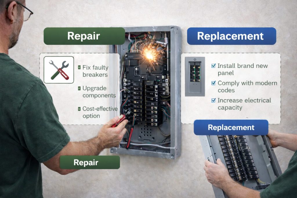 Electrical panel repair vs replacement comparison showing repair work and new panel installation in Palm Coast FL