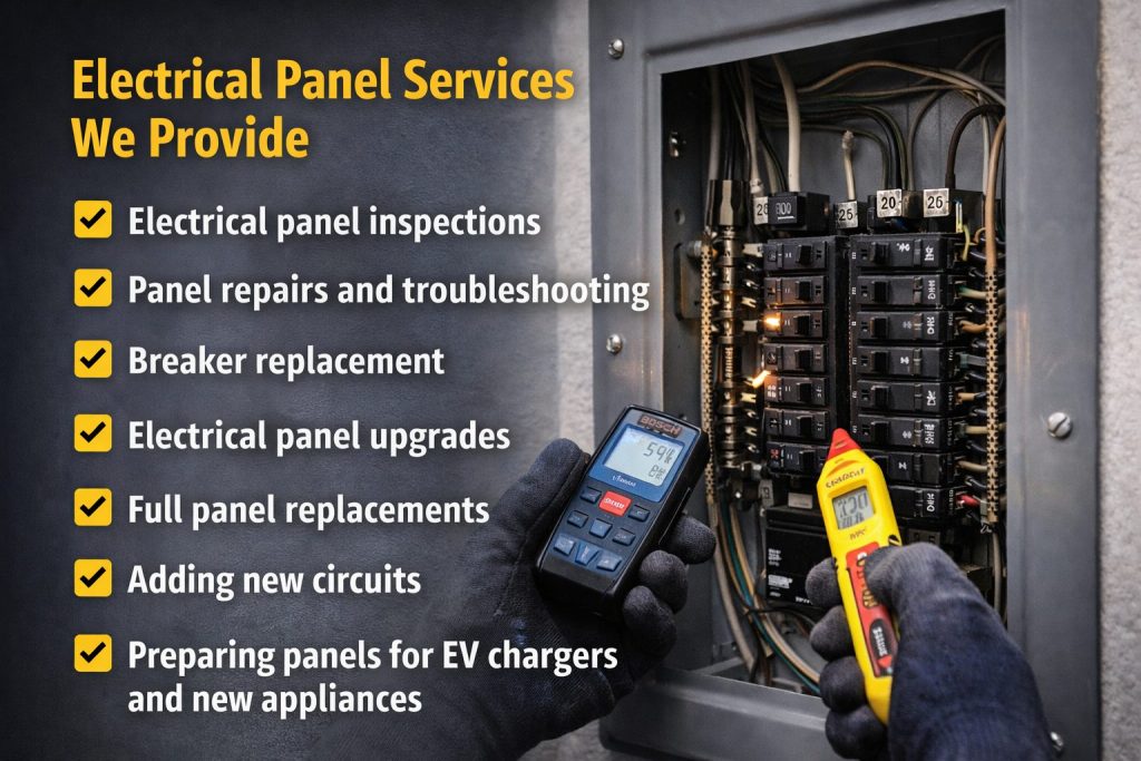 Electrician performing electrical panel inspection and testing in Palm Coast FL
