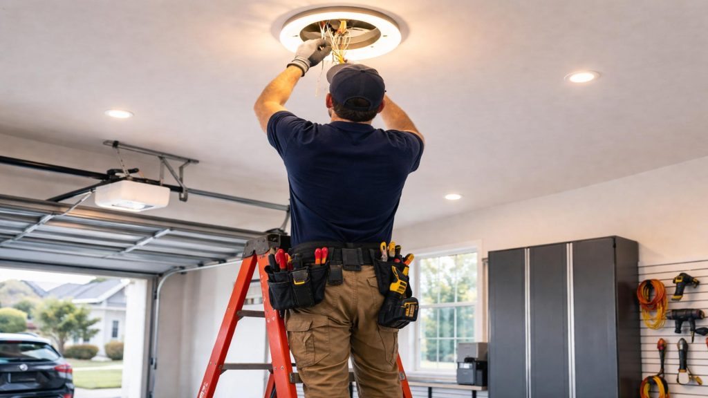 electrician on ladder repairing ceiling light fixture wiring in garage palm coast fl