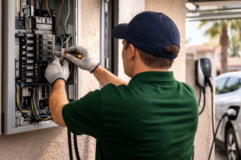 electrician installing EV charger wiring in electrical panel Palm Coast FL