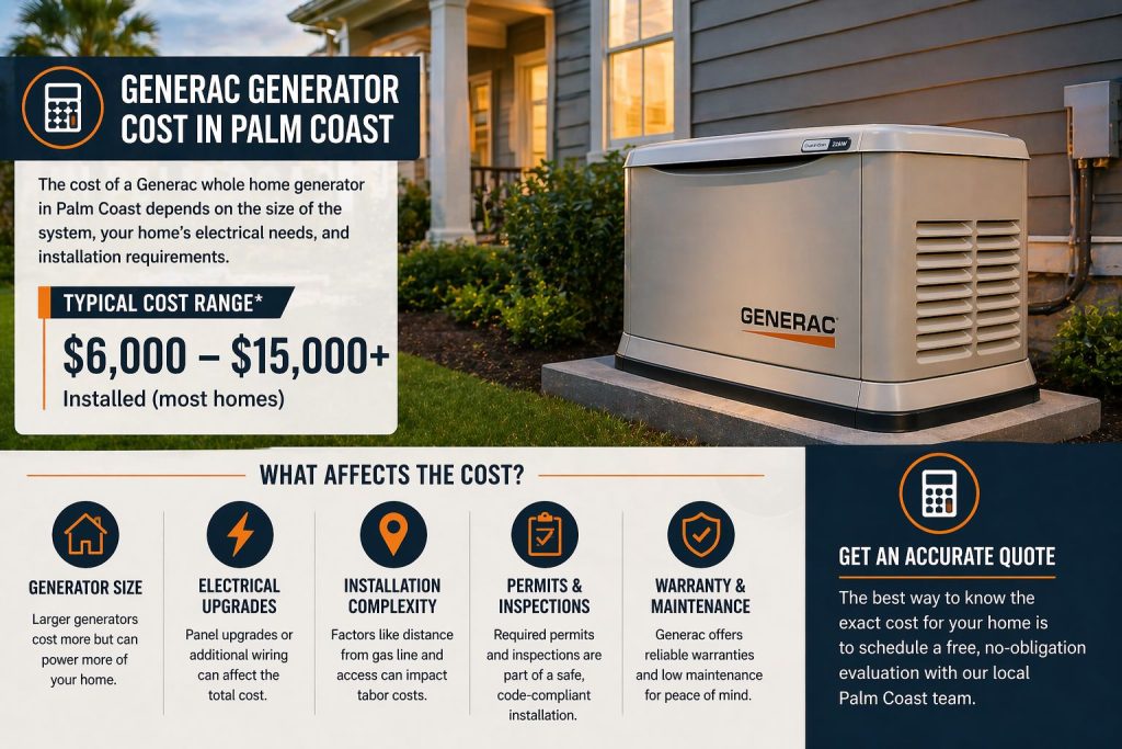 Generac whole home generator cost in Palm Coast FL with price range and installation factors