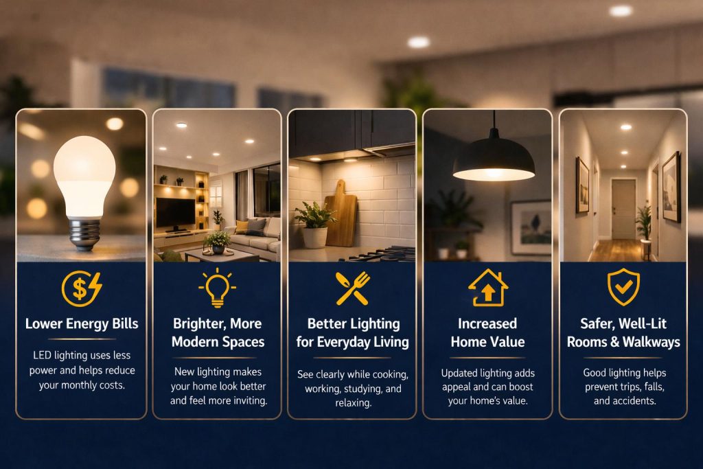 Indoor lighting benefits in Palm Coast FL including LED energy savings brighter rooms and improved home safety