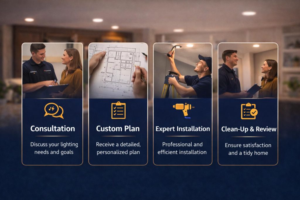 Indoor lighting installation process in Palm Coast FL including consultation planning installation and final walkthrough