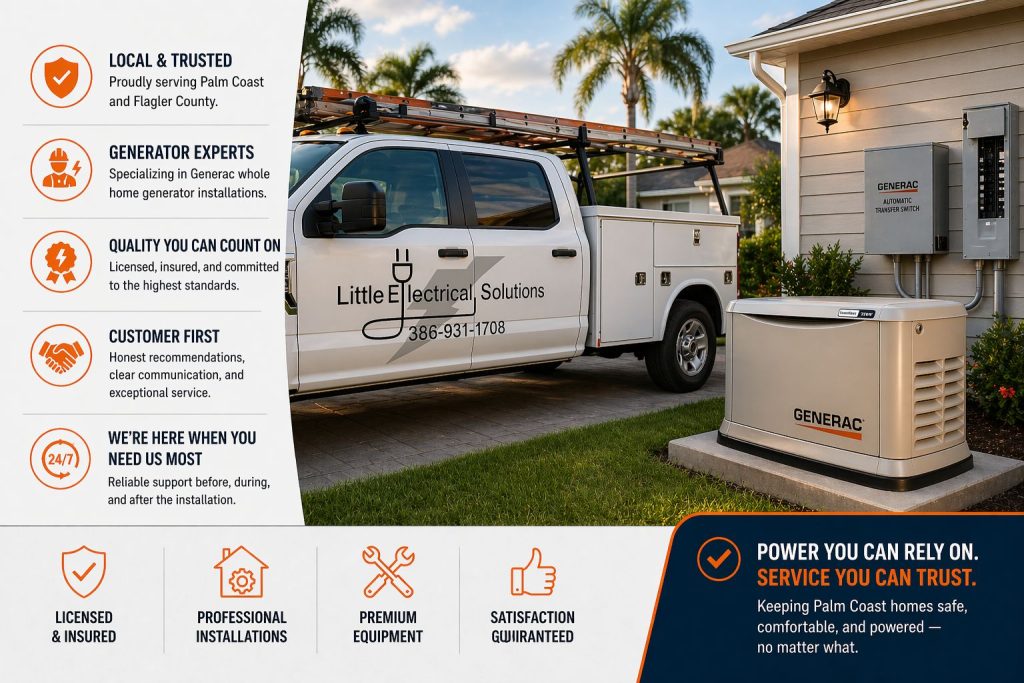 Little Electrical Solutions generator installation service in Palm Coast FL with branded service truck and standby generator