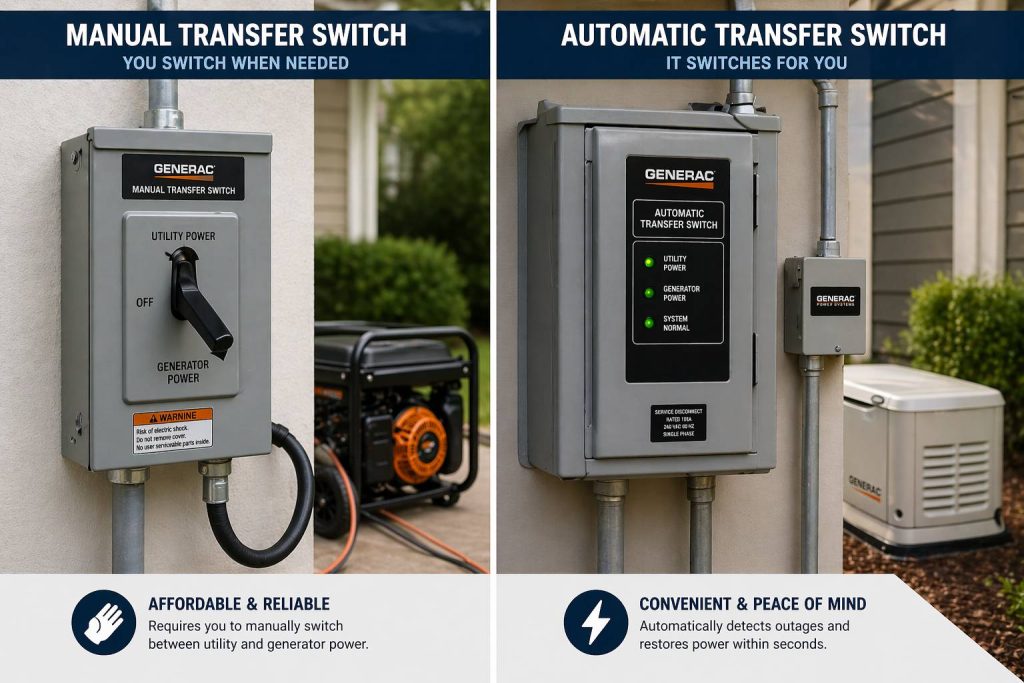 Manual vs automatic transfer switch comparison for generator systems in Palm Coast FL