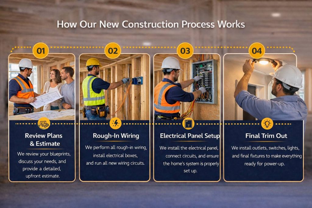 new construction electrical process steps including plan review rough in wiring panel setup and final trim out in Palm Coast FL