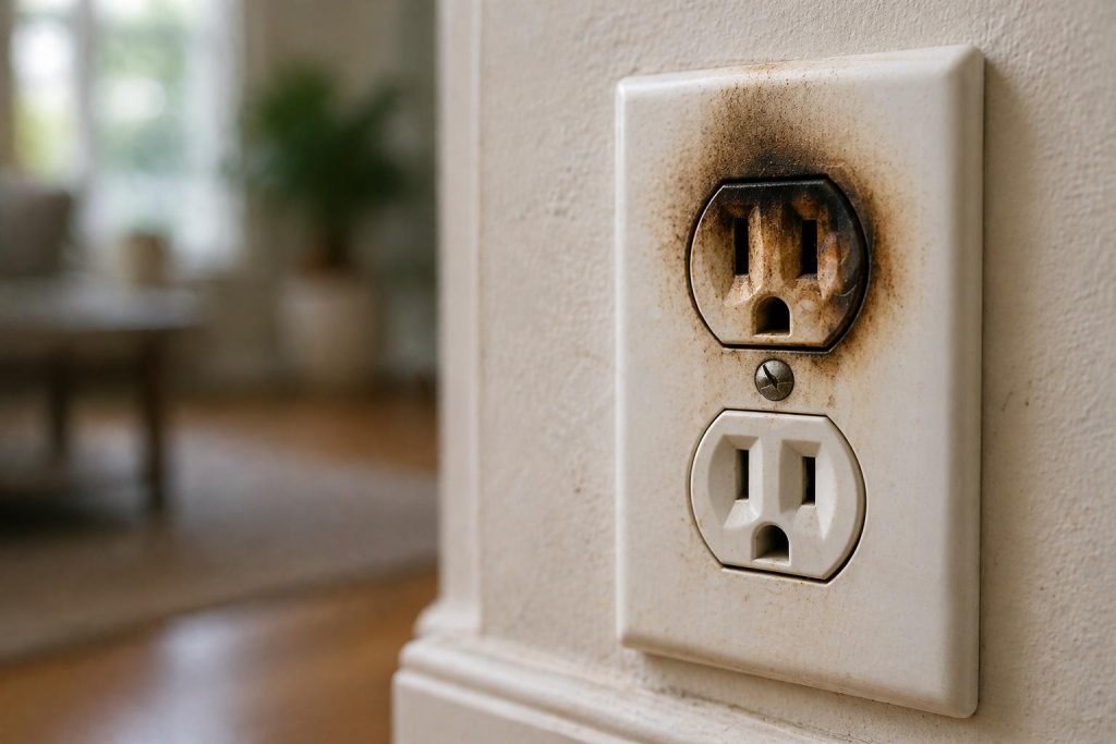 Burnt electrical outlet showing signs a home needs rewiring in Palm Coast FL