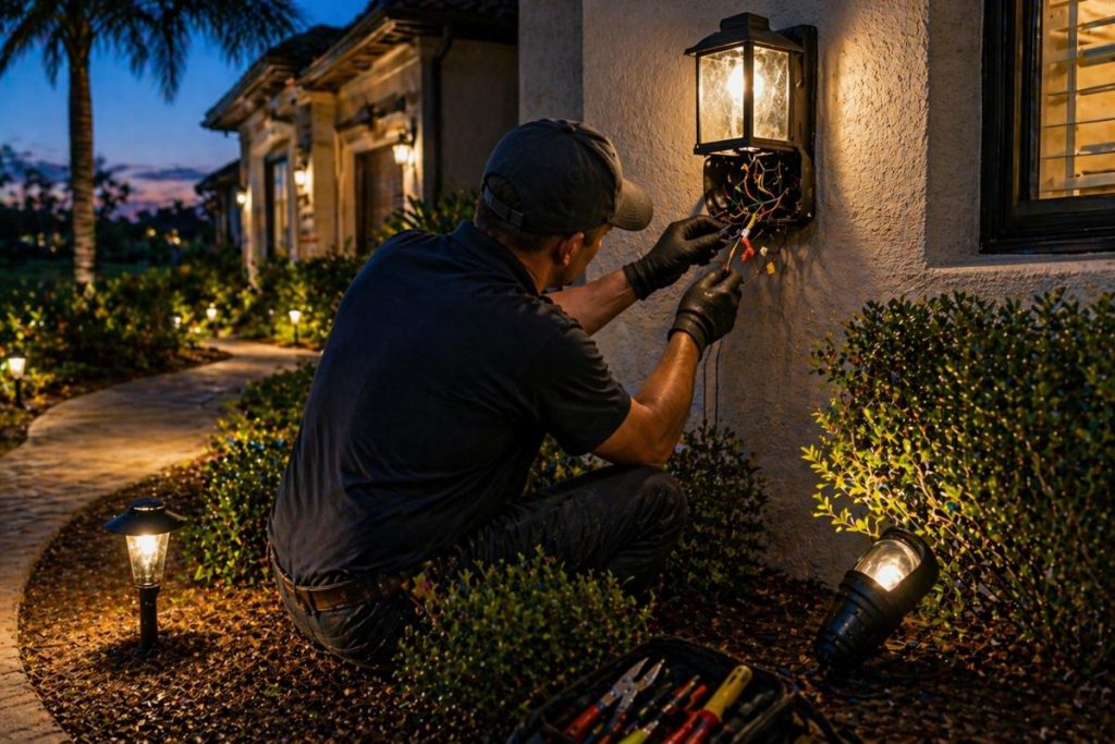 electrician repairing outdoor lighting fixture at home in palm coast fl