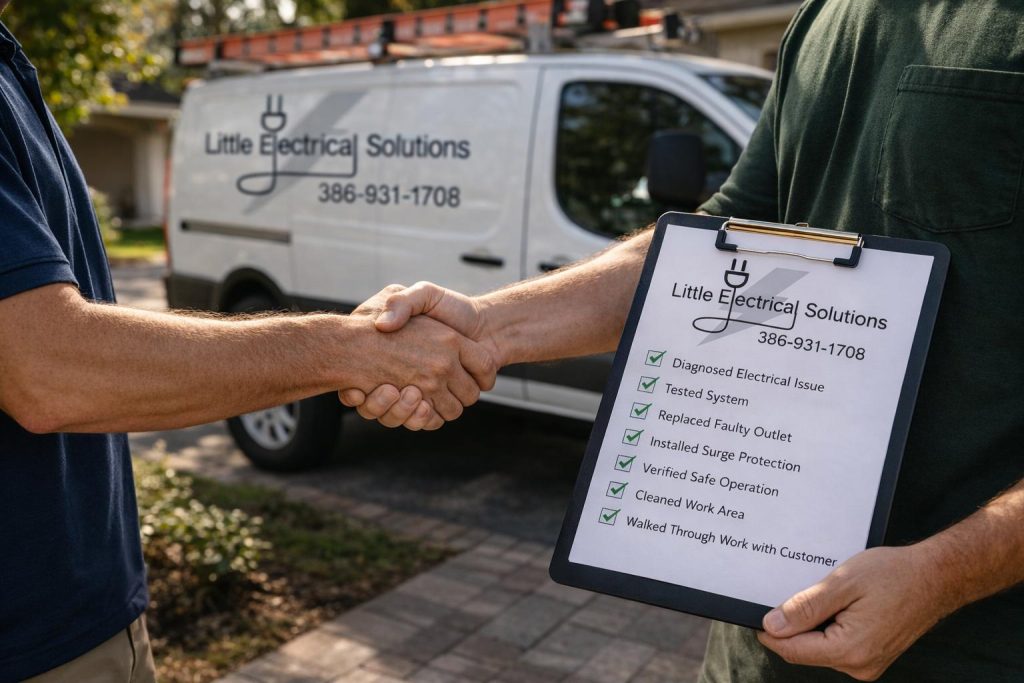 Electrician in Palm Coast FL completing service checklist and shaking hands with customer