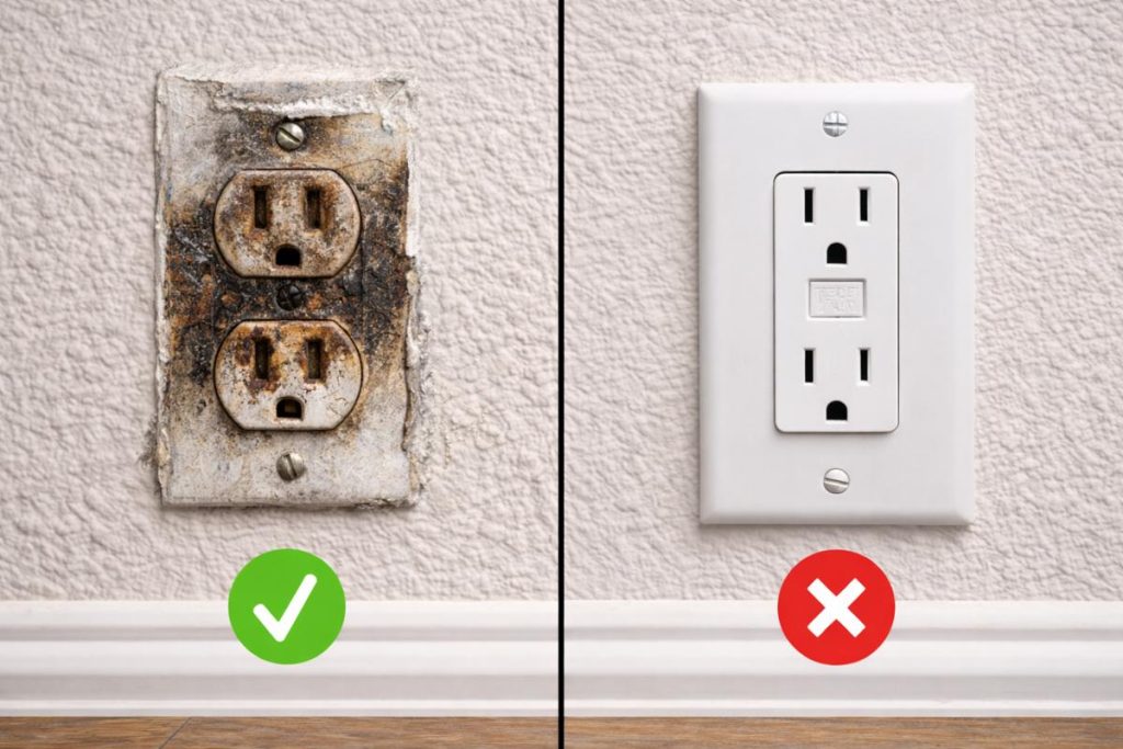 Damaged vs new electrical outlet showing when to repair or replace