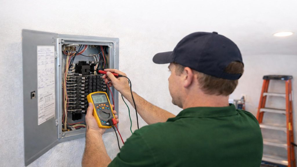 electrician testing electrical panel with multimeter in residential home palm coast fl