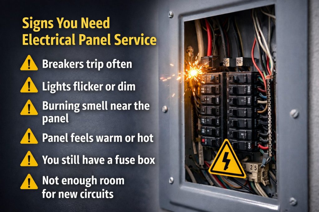 Signs you need electrical panel service in Palm Coast FL including breaker issues and overheating panel