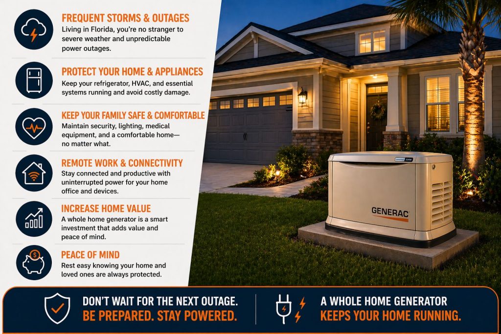 Signs you need a whole home generator in Palm Coast FL including power outages, home protection, and backup power needs