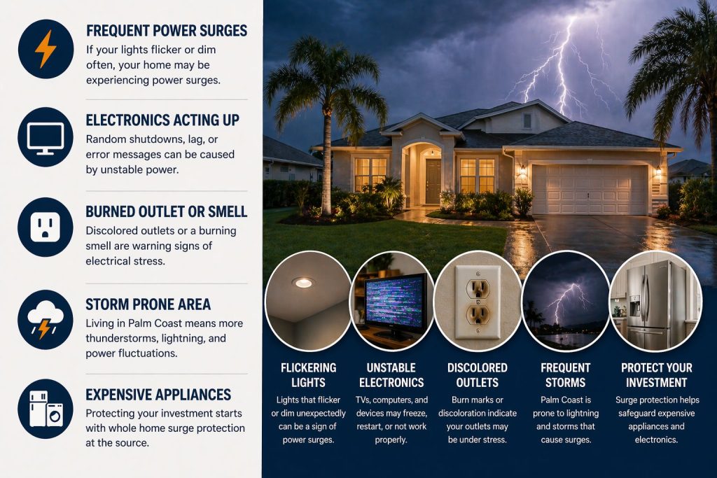 Signs you need whole home surge protection in Palm Coast FL including flickering lights, damaged outlets, and storm related power surges