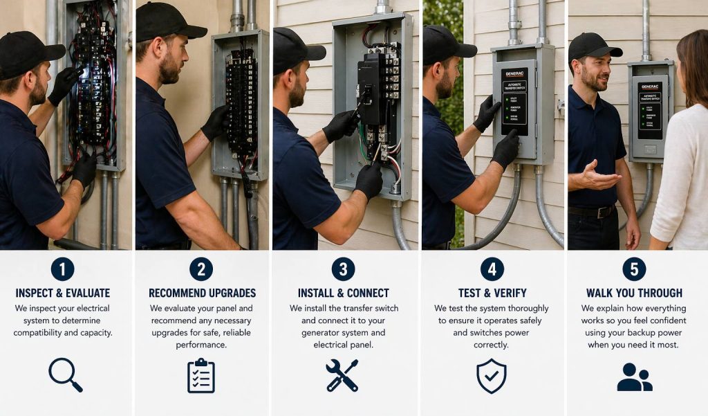 Transfer switch installation process steps performed by electrician in Palm Coast FL