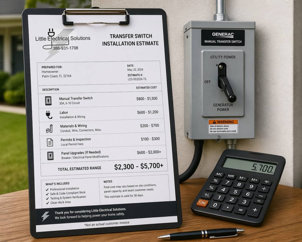 Transfer switch installation cost estimate with manual transfer switch and calculator in Palm Coast FL
