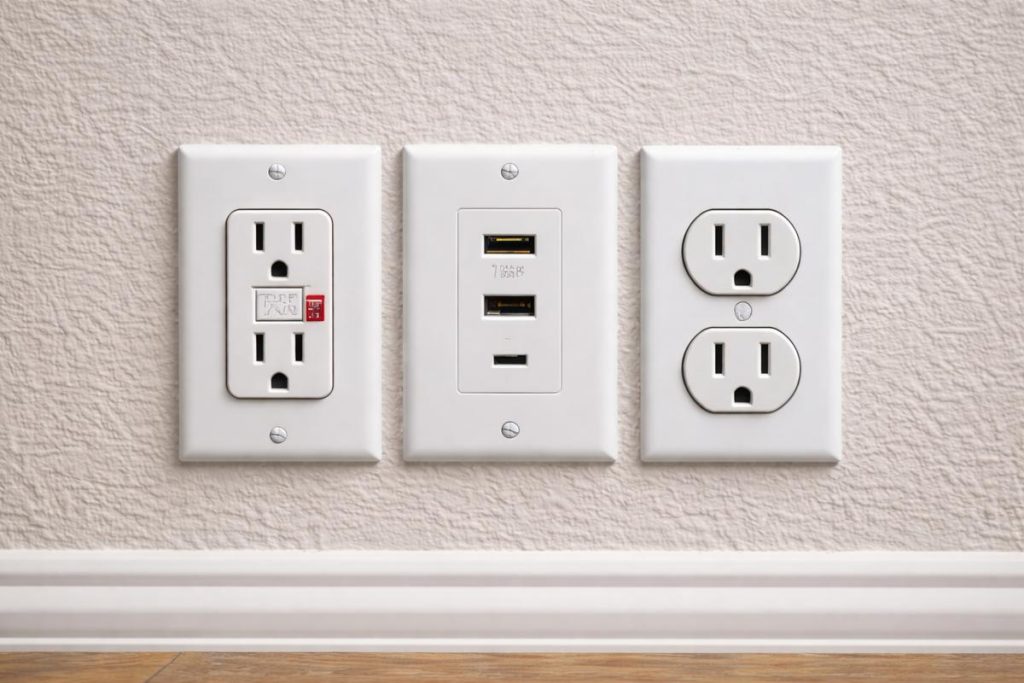 Different types of electrical outlets including GFCI USB and standard outlets