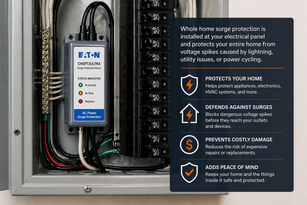 Whole home surge protection installed at electrical panel in Palm Coast FL protecting against power surges