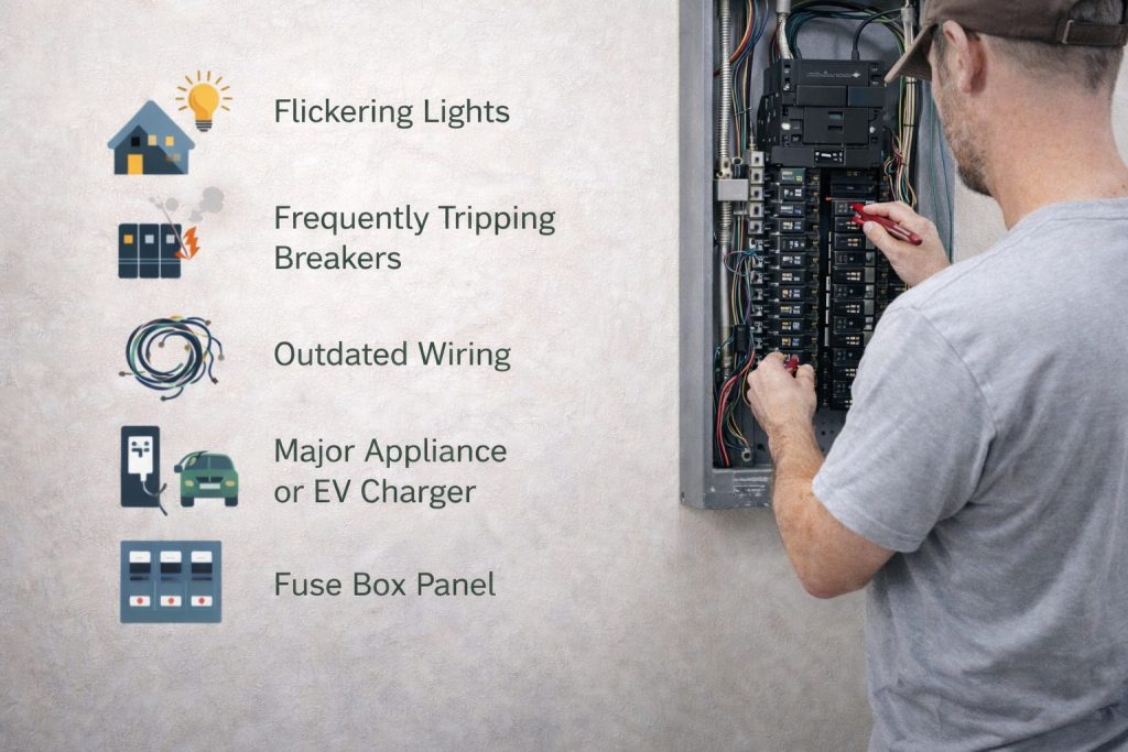 Signs you need to upgrade your electrical panel including flickering lights and tripping breakers in Palm Coast FL