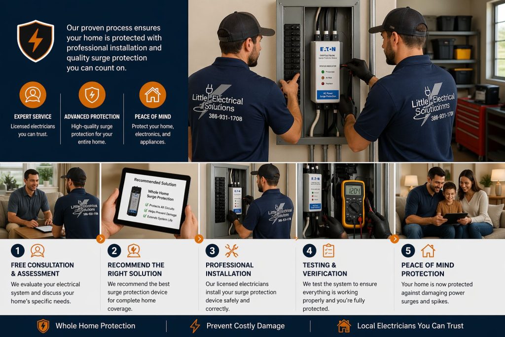 Whole home surge protection installation process in Palm Coast FL showing inspection, installation, and testing steps