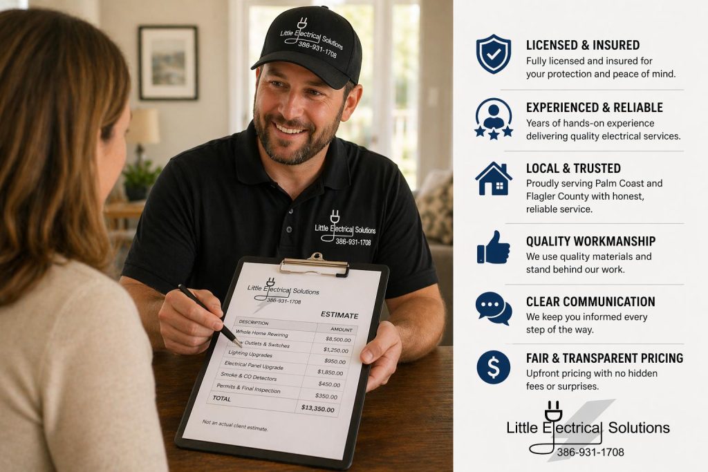 Homeowner meeting with electrician reviewing estimate in Palm Coast FL