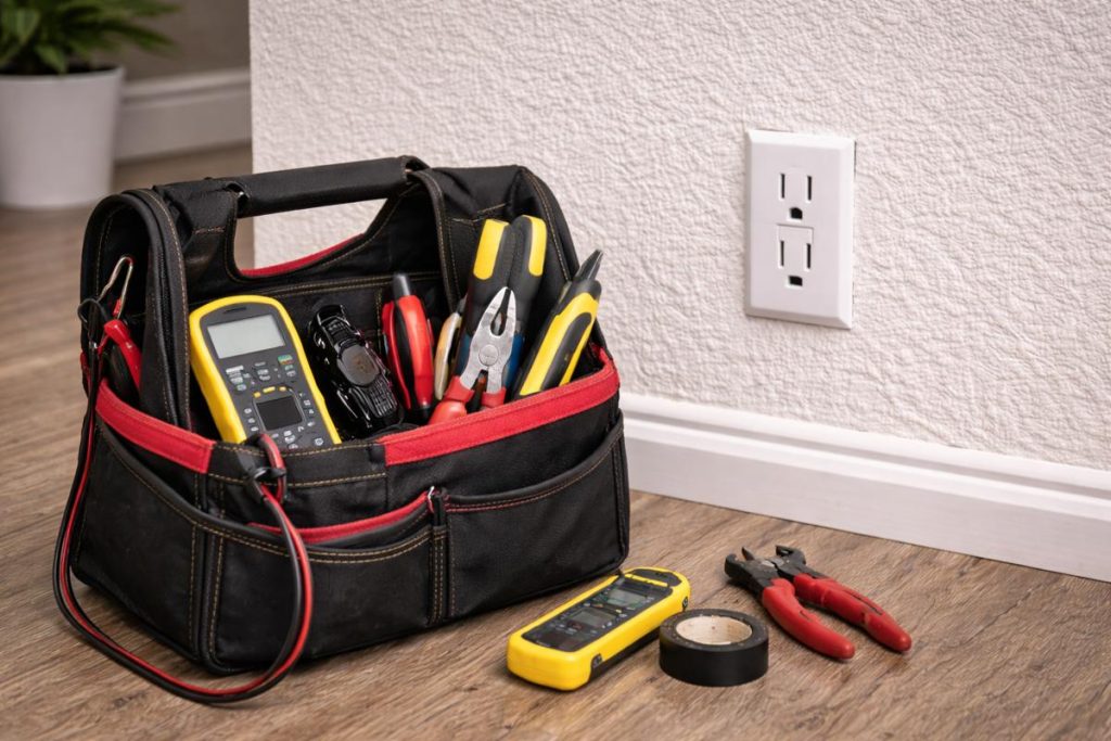 Electrician tools and installed outlet showing professional service in Palm Coast FL